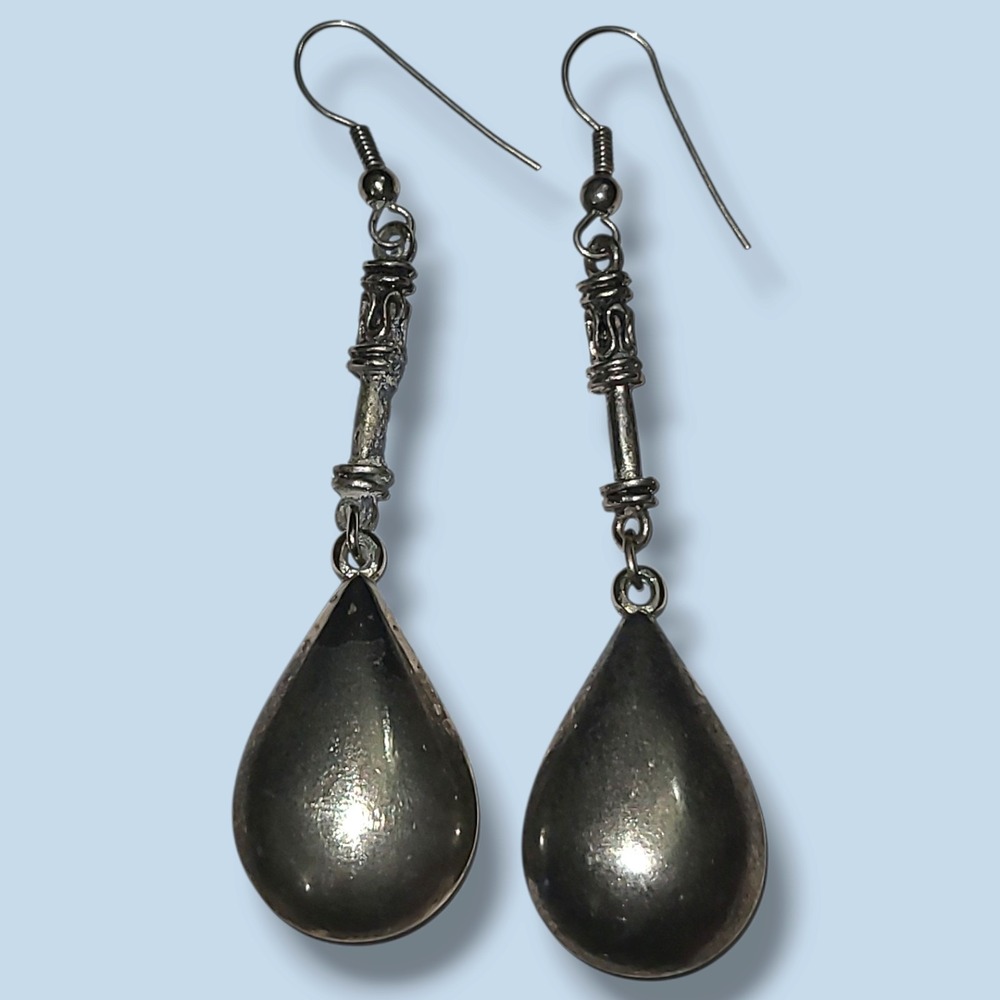 Vintage Silver Tone Puffy Teardrop Dangle Earrings 3"